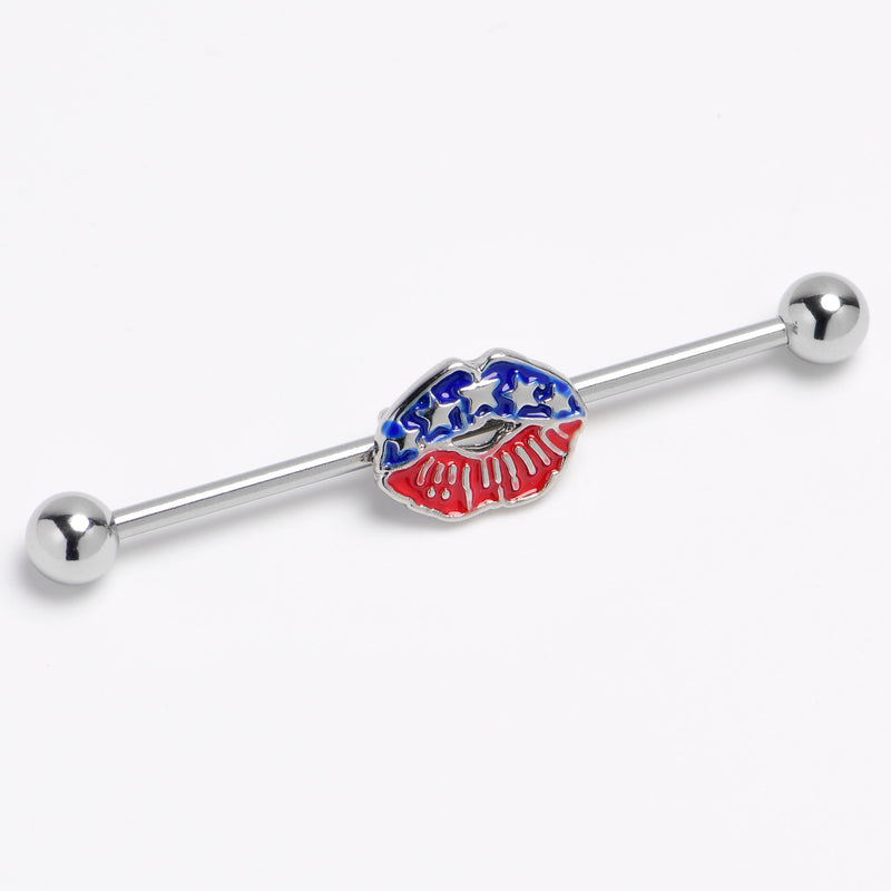 14G Patriotic Kissy Lips Inlay Industrial Barbell 38mm