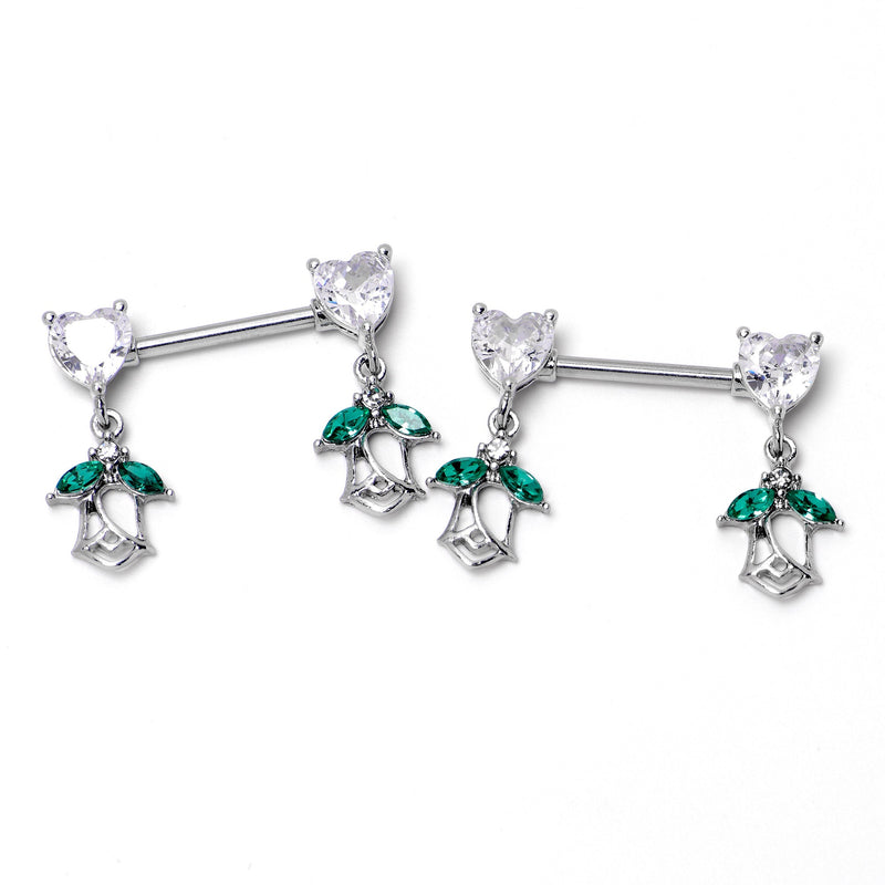 14G 9/16 Clear CZ Gem Hearts And Roses Dangle Nipple Ring Set