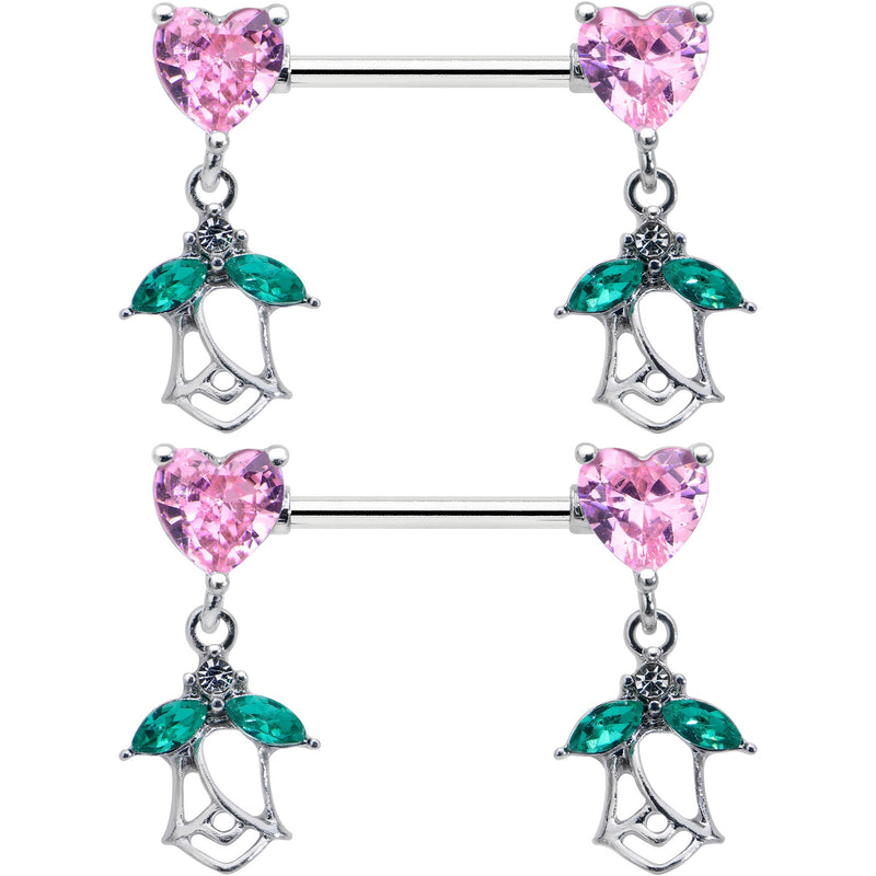 14G 9/16 Pink CZ Gem Hearts And Roses Dangle Nipple Ring Set
