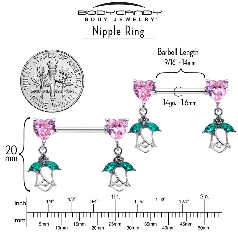 14G 9/16 Pink CZ Gem Hearts And Roses Dangle Nipple Ring Set