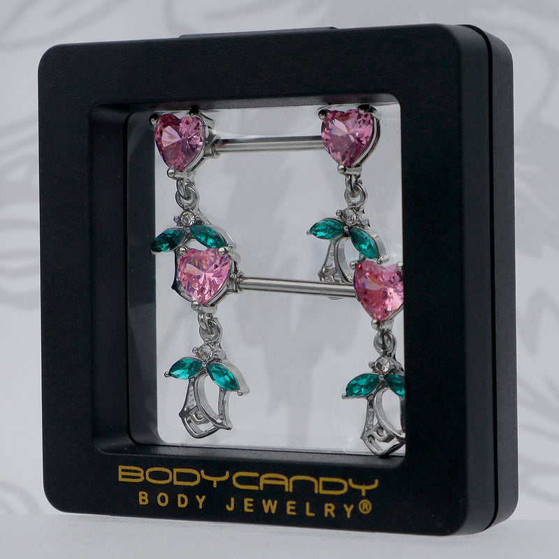 14G 9/16 Pink CZ Gem Hearts And Roses Dangle Nipple Ring Set