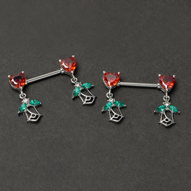 14G 9/16 Red CZ Gem Hearts And Roses Dangle Nipple Ring Set