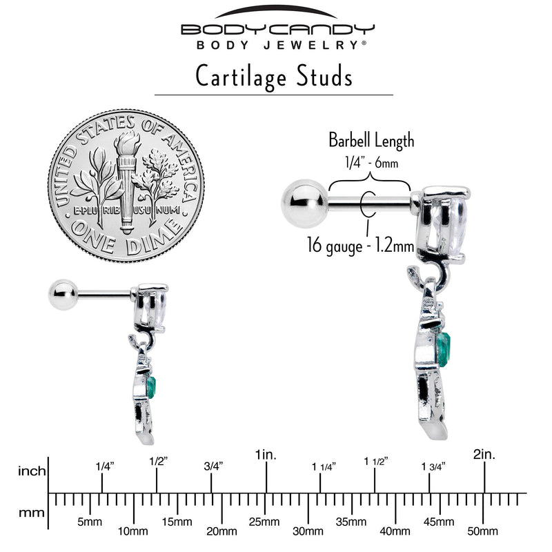 16G 1/4 Clear CZ Gem Heart And Rose Dangle Cartilage Earring