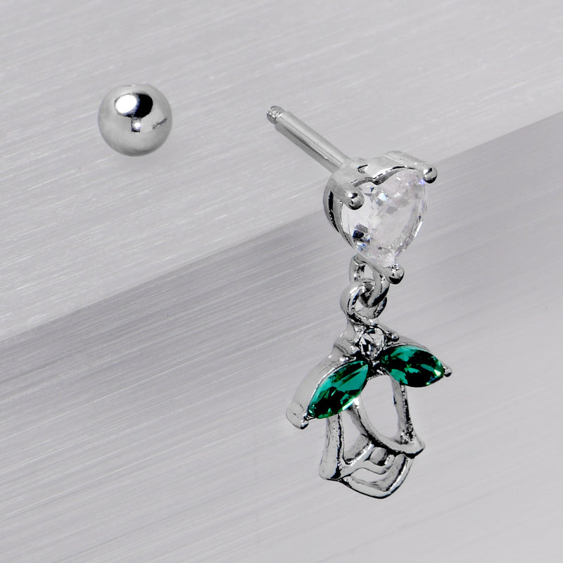16G 1/4 Clear CZ Gem Heart And Rose Dangle Cartilage Earring