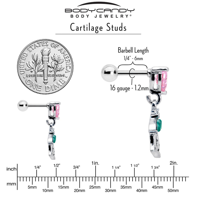 16G 1/4 Pink CZ Gem Heart And Rose Dangle Cartilage Earring