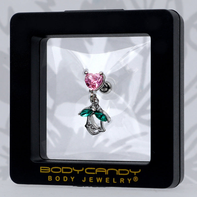 16G 1/4 Pink CZ Gem Heart And Rose Dangle Cartilage Earring
