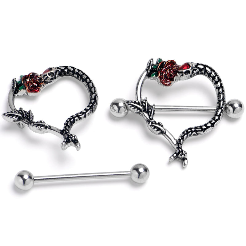 14G Serpentine Snake Flower Rose Heart Nipple Shield Set