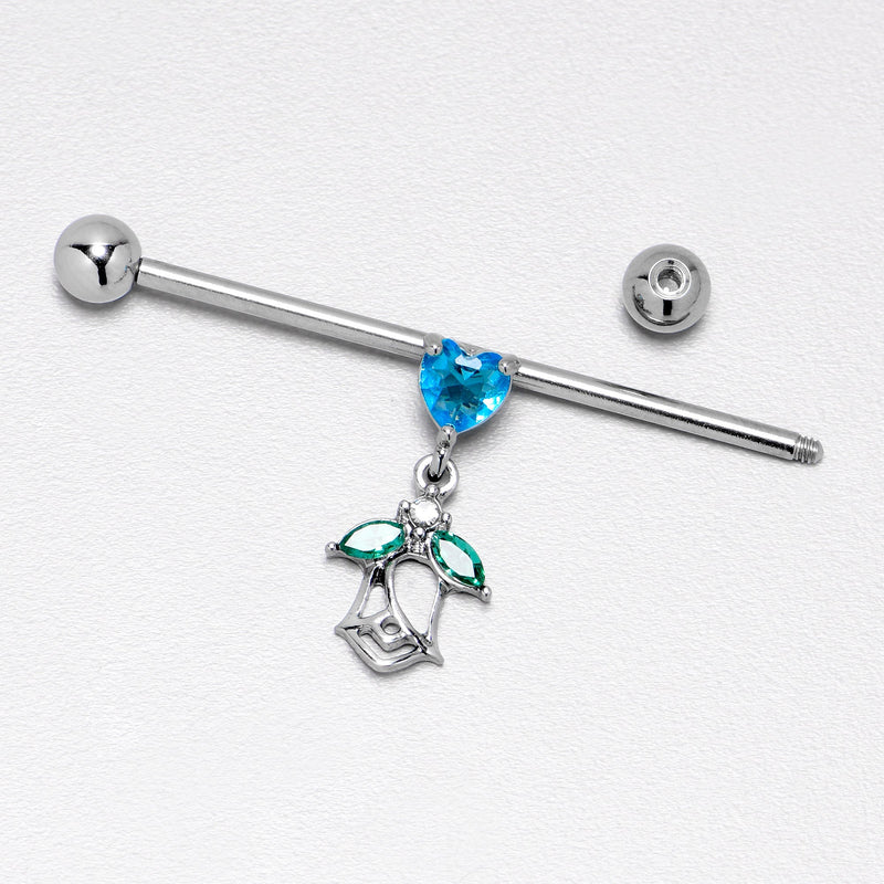 14G Blue CZ Gem Heart And Rose Dangle Industrial Barbell 38mm
