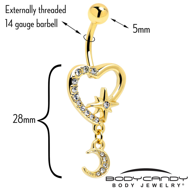Clear Gem Gold Tone Heart Moon Dangle Belly Ring