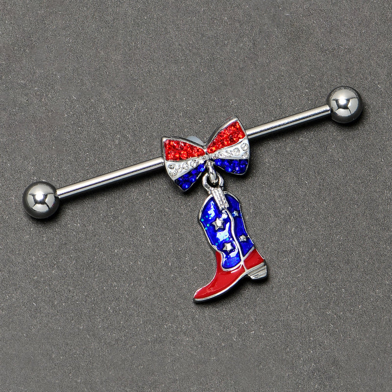 14G Red Blue Gem Bow Cowboy Boot Patriotic Industrial Barbell 38mm