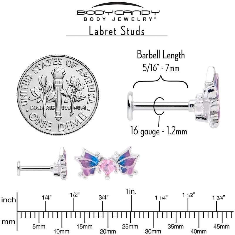 16G 5/16 Pink CZ Gem Heart Butterfly Labret Monroe Tragus