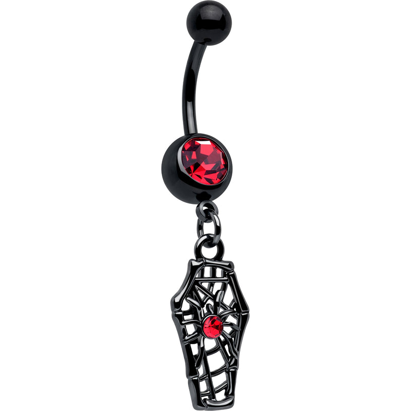 Red Gem Black Spider Coffin Dangle Belly Ring