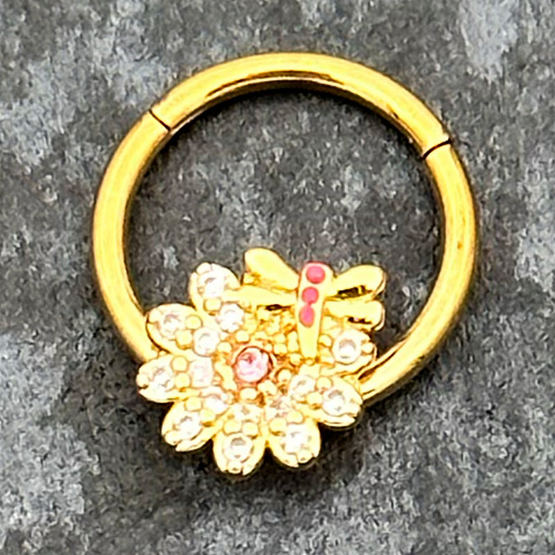 16G 3/8 Clear Pink Gem Gold Tone Flower Bug Hinged Segment Ring
