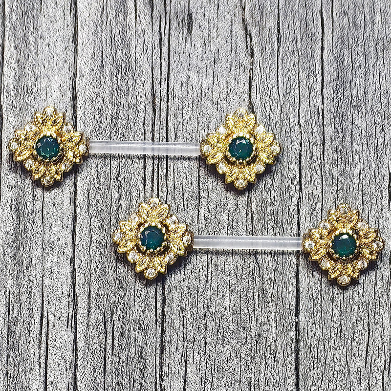 14G 9/16 Gem Bioplast Deco Age Barbell Nipple Ring Set