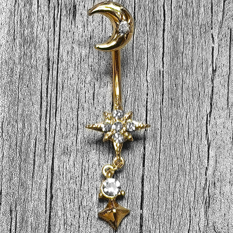 Clear Gem Gold Tone Celestial Glam Dangle Double Mount Belly Ring