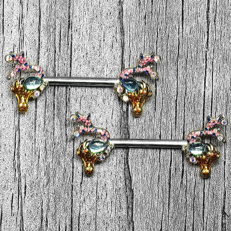 14G 9/16 Blue Aurora Gem Abstract Mermaid Barbell Nipple Ring Set