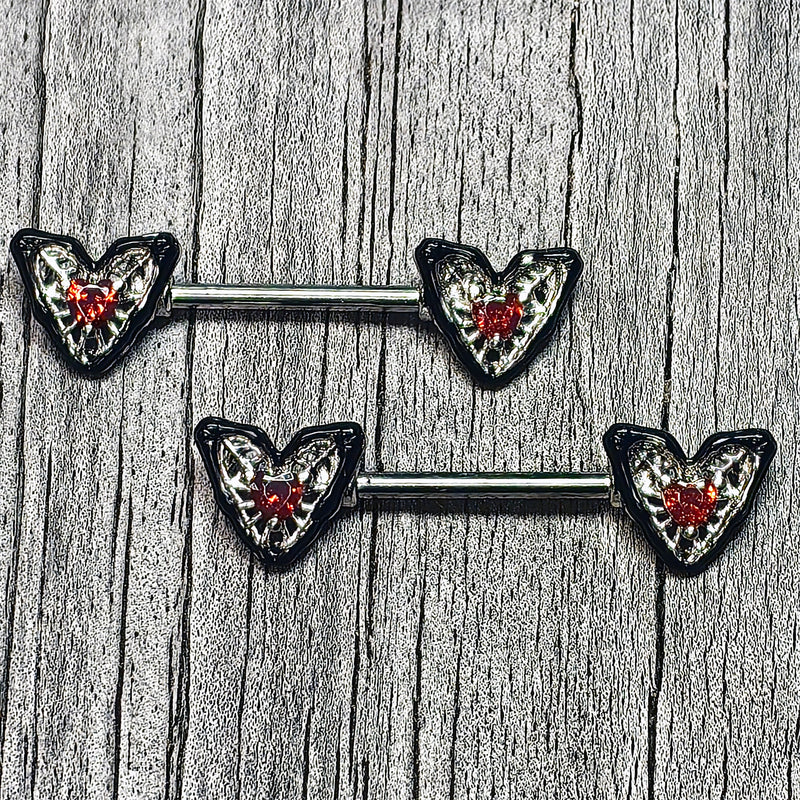 14G 9/16 Red Gem Captured Heart Barbell Nipple Ring Set