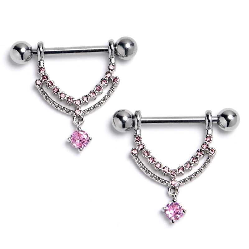 14G 9/16 Pink CZ Gem Double Curvation Dangle Nipple Ring Set