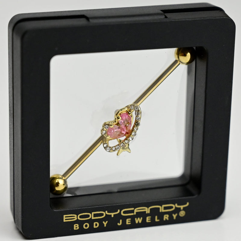 14G Clear Pink Gem Gold Tone Circle Heart Industrial Barbell 38mm