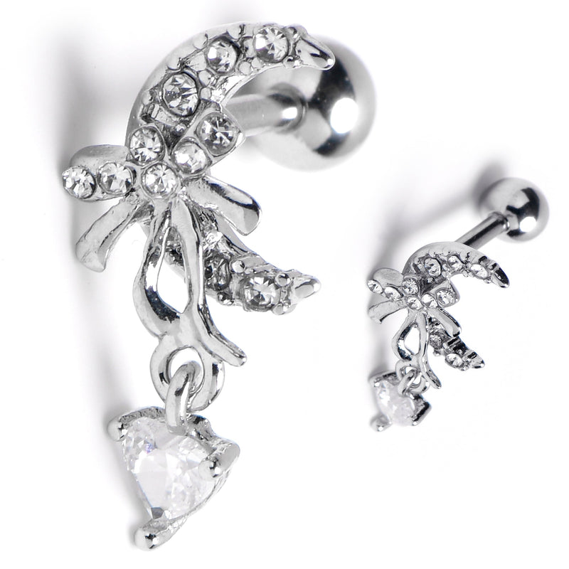16G 1/4 Clear Gem Moon Bow Heart Dangle Cartilage Tragus Earring
