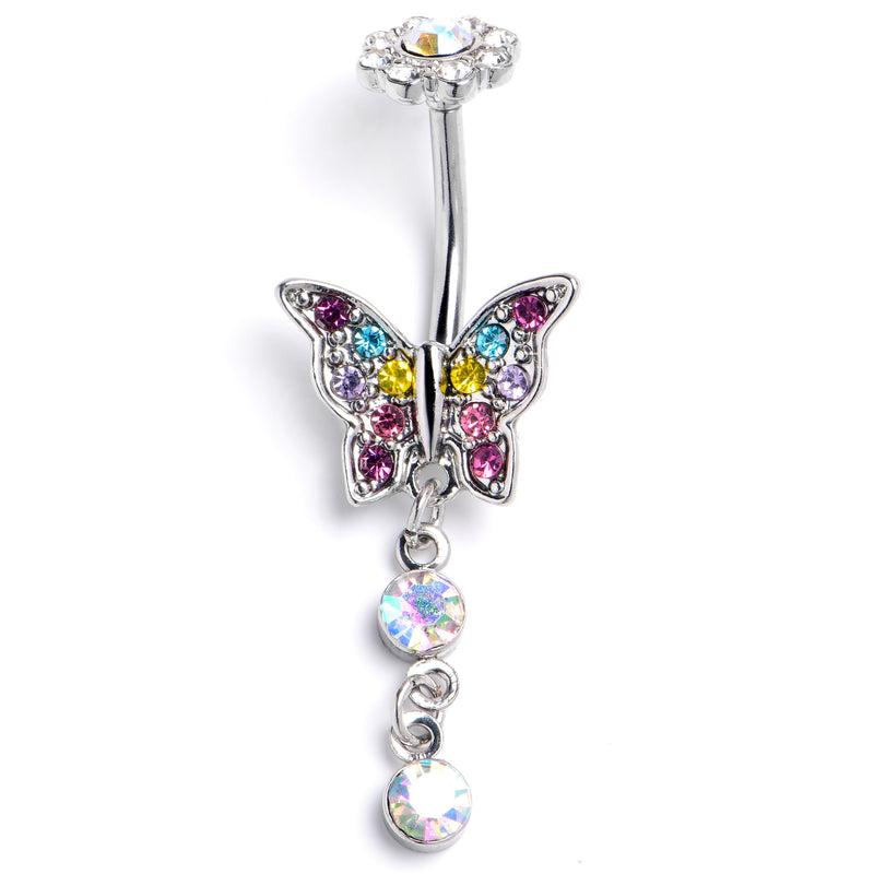 Aurora Pink Gem Fabulous Butterfly Internally Threaded Dangle Belly Ring