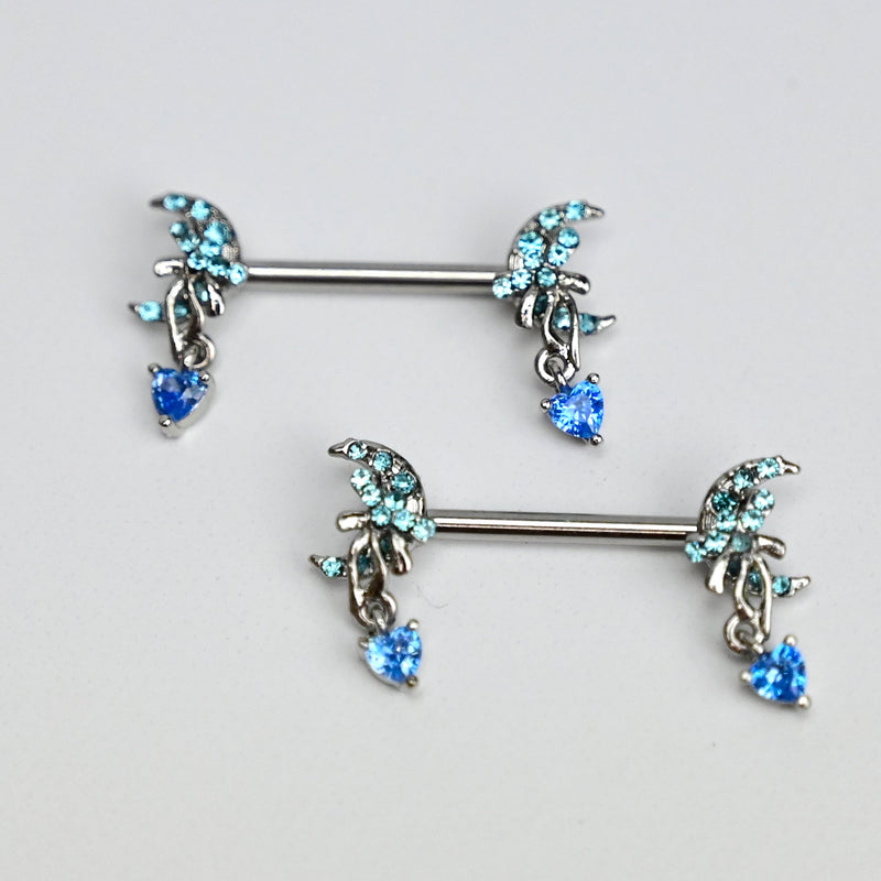 14G 9/16 Blue Gem Moon Bow Heart Dangle Nipple Ring Set