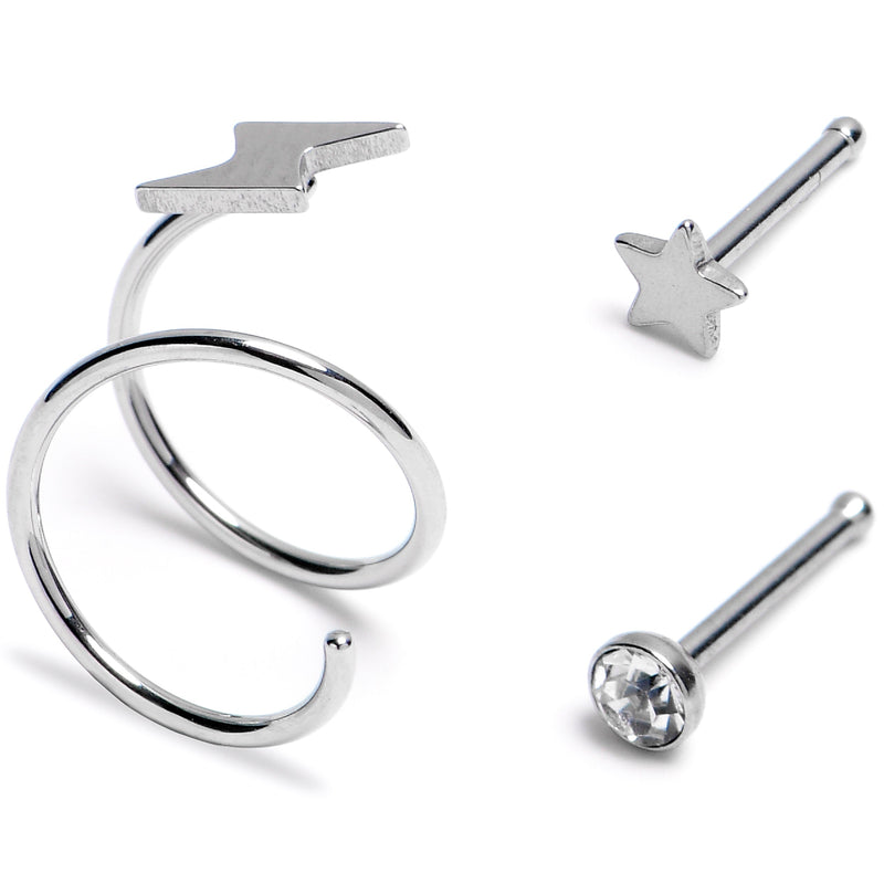 20G Clear Gem Star Spiral Nose Ring 3 Pack