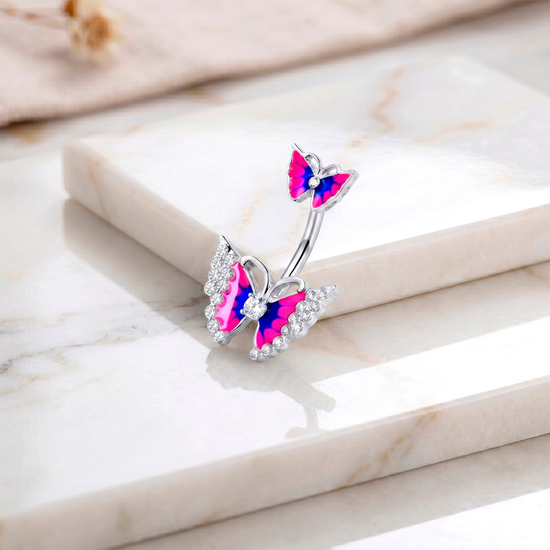 Clear Gem Butterfly Pink Blue Double Mount Belly Ring