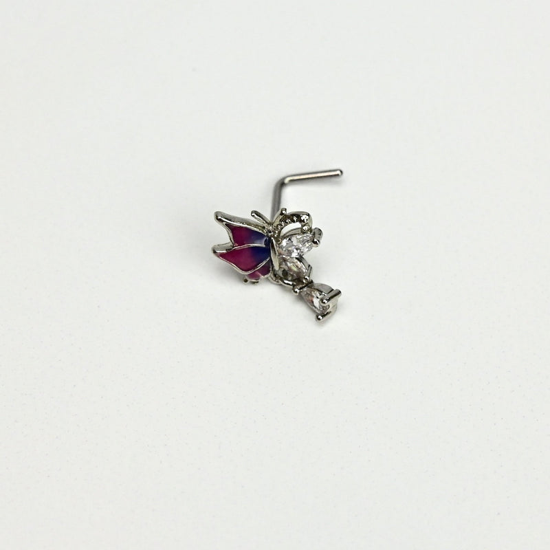 20G 7mm Clear Gem Purples Dazzling Butterfly L Shape Nose Ring