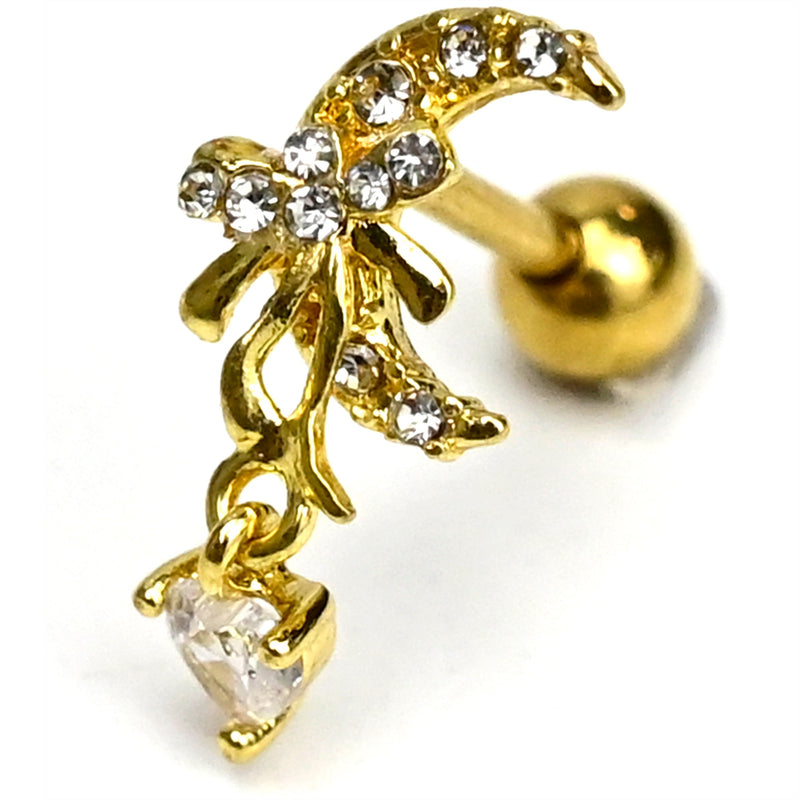 16G 1/4 Clear Gem Gold Hue Moon Bow Heart Dangle Cartilage Earring