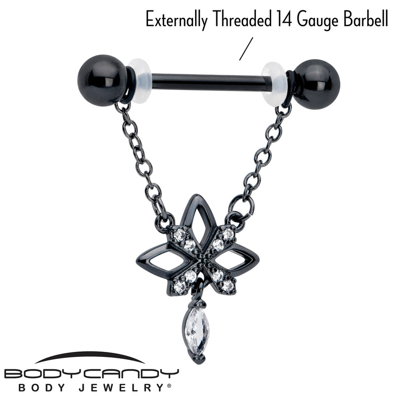 14G 9/16 Clear CZ Gem Black Gothic Star Dangle Nipple Ring Set