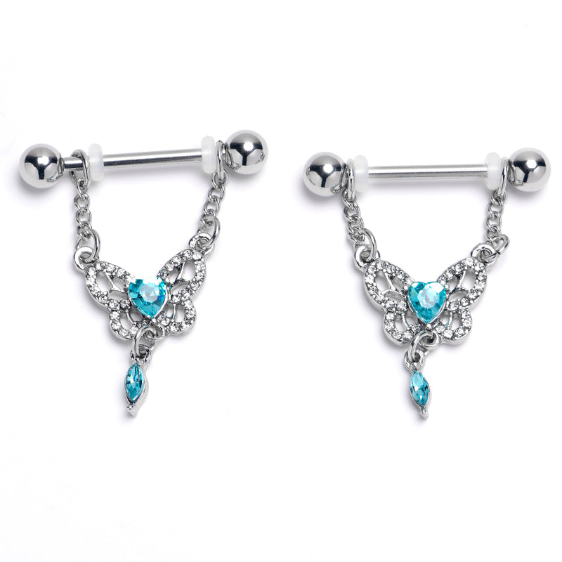 14G 9/16 Clear Blue Gem Whimsical Butterfly Dangle Nipple Ring Set
