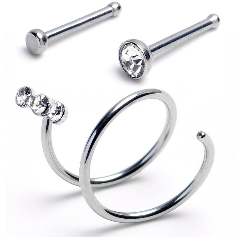 20G Nose Bone Triple Gem Twister Double Nose Hoop Ring 3 Pack