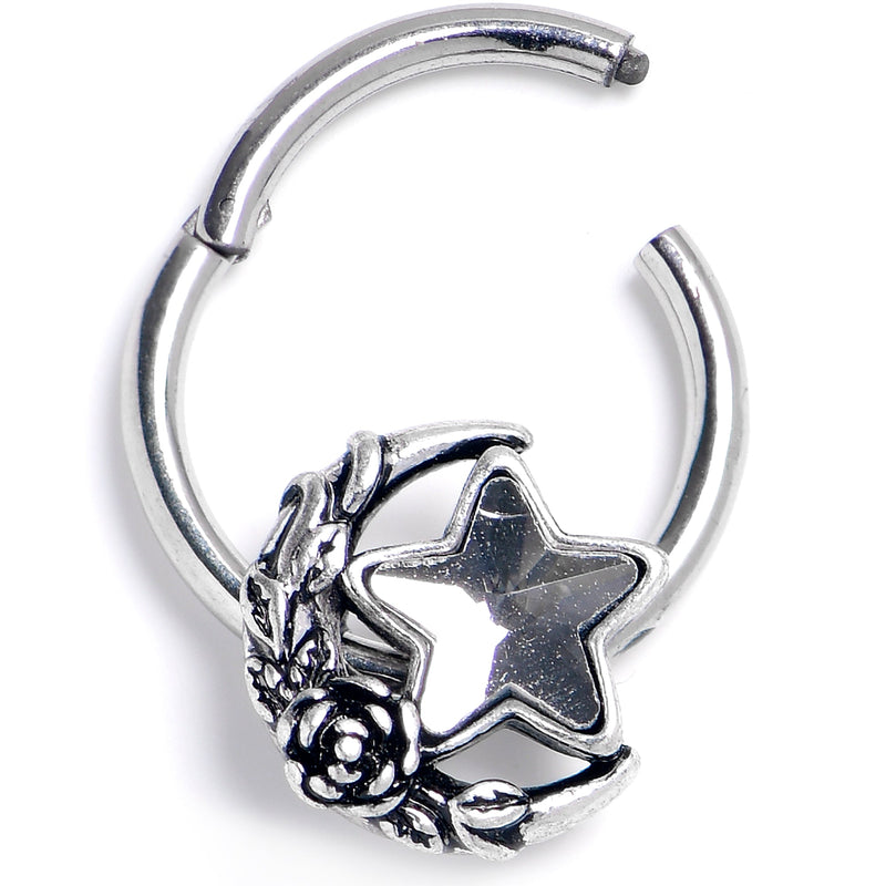 16G 3/8 Clear Gem Ornate Moon Star Hinged Segment Ring