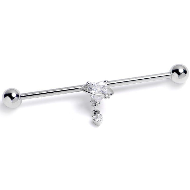 14G Clear CZ Gem Saturn Heart Dangle Industrial Barbell 38mm