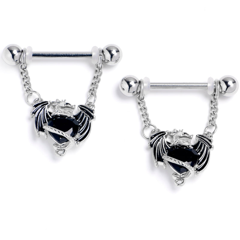14G 9/16 Black CZ Gem Heart of Dragon Dangle Nipple Ring Set