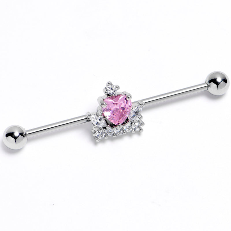 14G Pink Clear CZ Gem Heart Crown Industrial Barbell 38mm