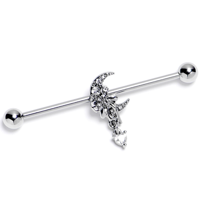 14G Clear CZ Gem Moon Bow Heart Dangle Industrial Barbell 38mm