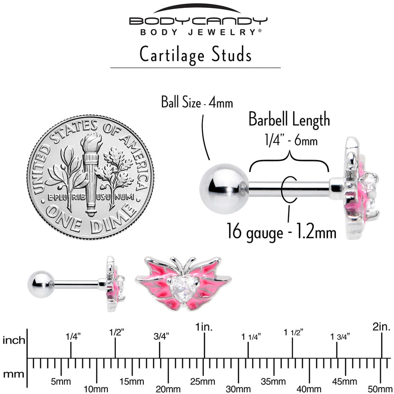 16G 1/4 Clear Gem Heart Pink Butterfly Cartilage Tragus Earring