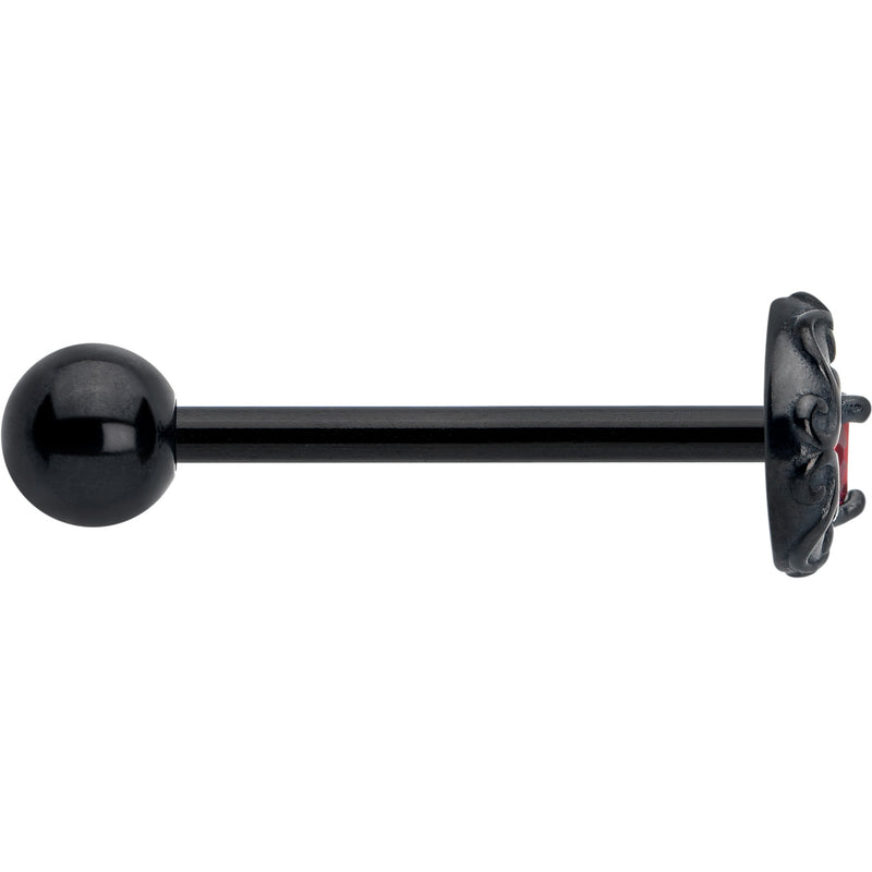 Red CZ Gem Black Scroll Moon Heart Barbell Tongue Ring