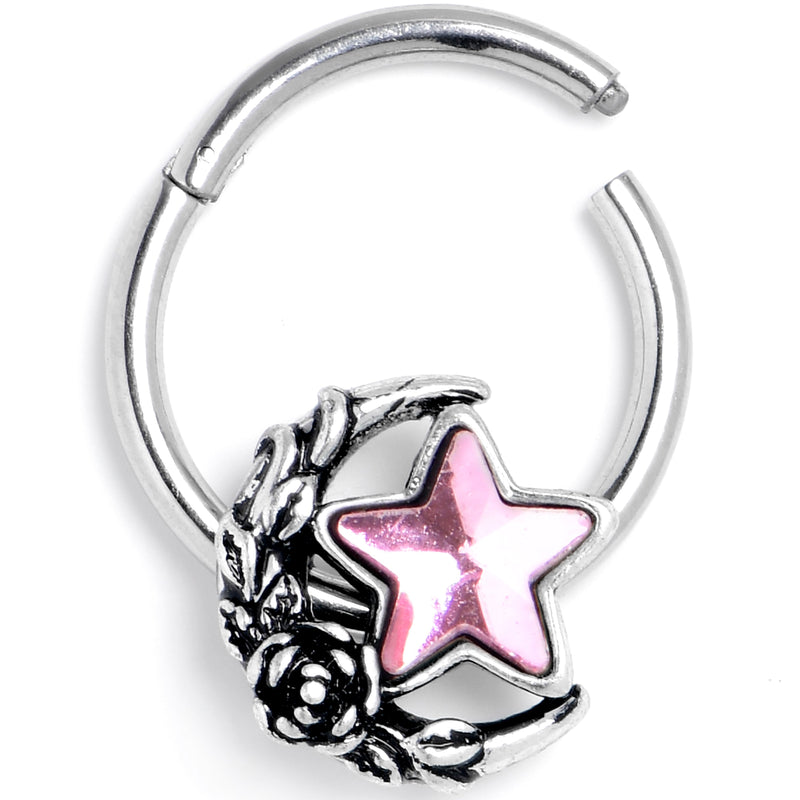 16G 3/8 Pink Gem Ornate Moon Star Hinged Segment Ring