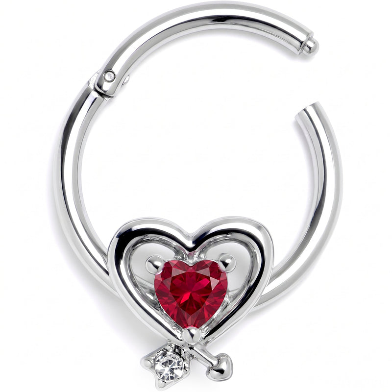 16G 3/8 Red CZ Gem Wrapped In Heart Hinged Segment Ring