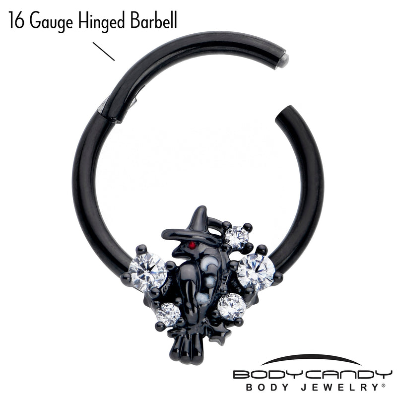 16G 3/8 Clear CZ Gem Black Raven Witch Hinged Segment Ring