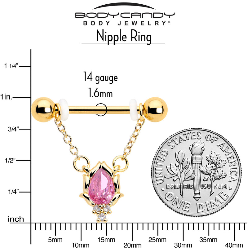 14G 9/16 Pink CZ Gem Gold Tone Style Fire Dangle Nipple Ring Set