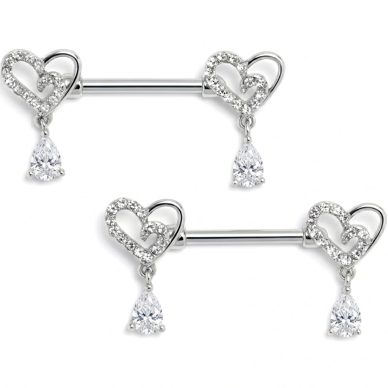 14G 9/16 Clear CZ Gem Asymmetrical Heart Dangle Nipple Ring Set