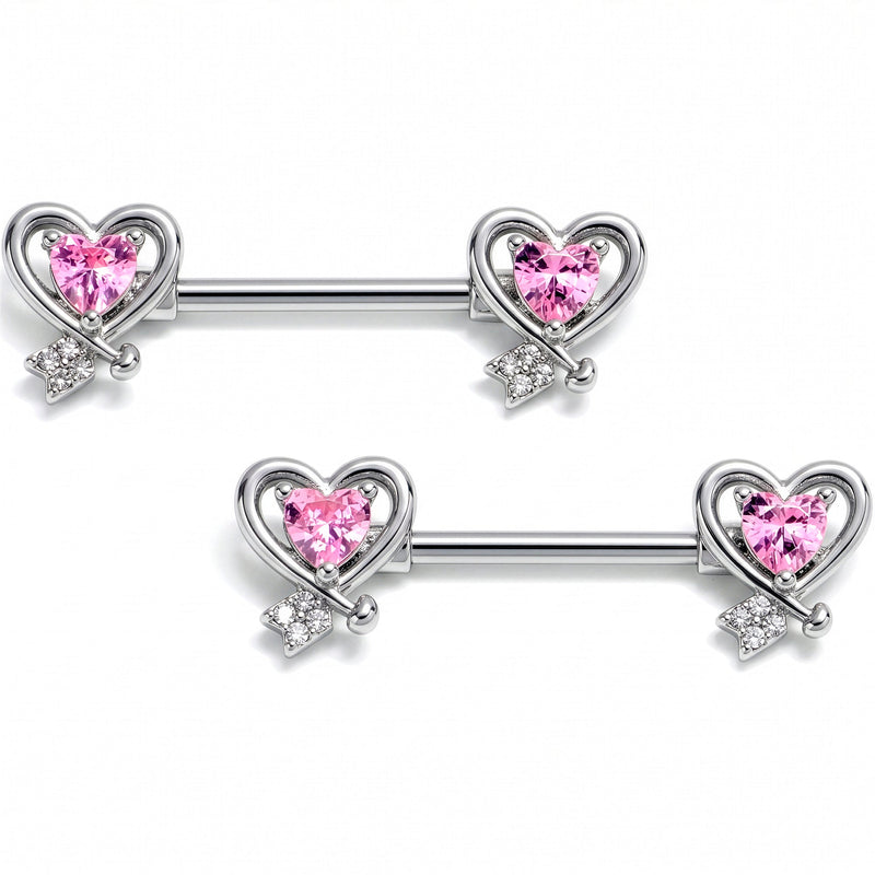 14G 9/16 Pink CZ Gem Wrapped In Heart Barbell Nipple Ring Set