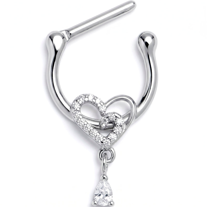 16G 5/16 Clear CZ Gem Asymmetrical Heart Dangle Cartilage Clicker