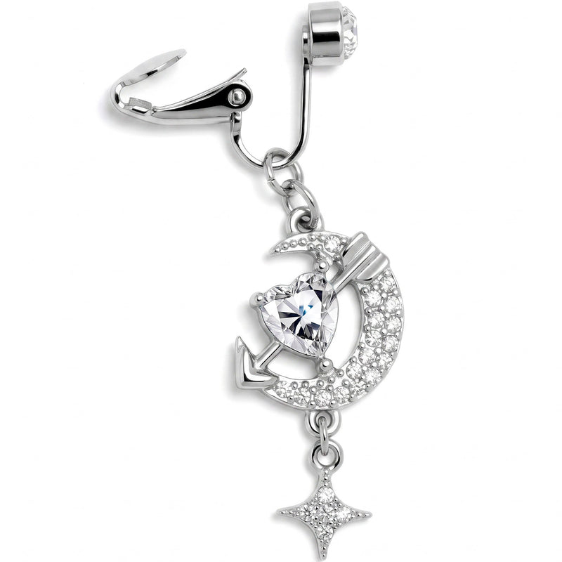Clear Gem Moon Lover Dangle Clip On Fake Belly Ring
