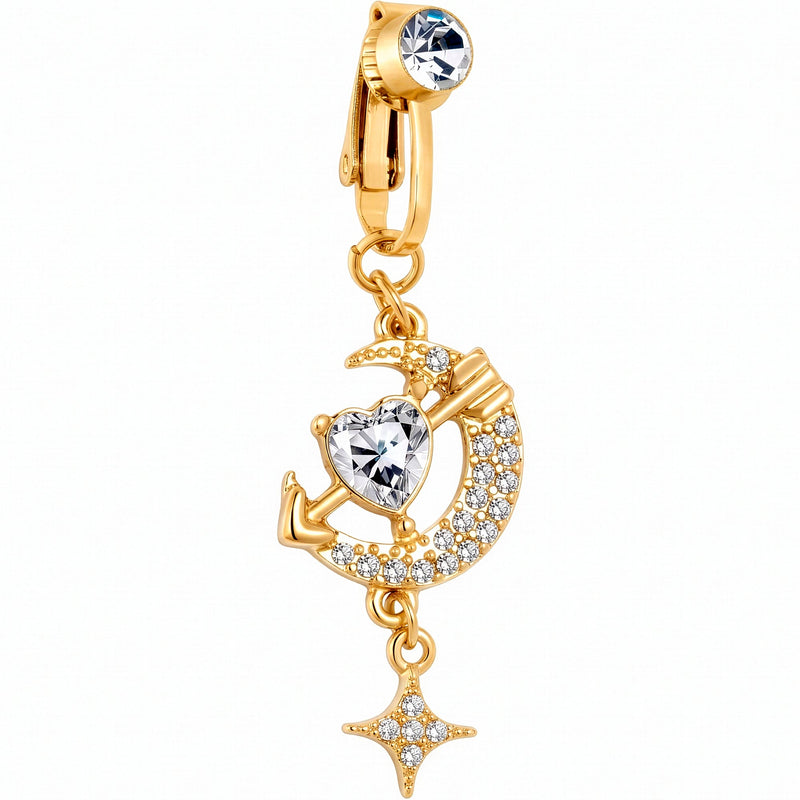 Clear Gem Gold Tone Moon Lover Dangle Clip On Fake Belly Ring