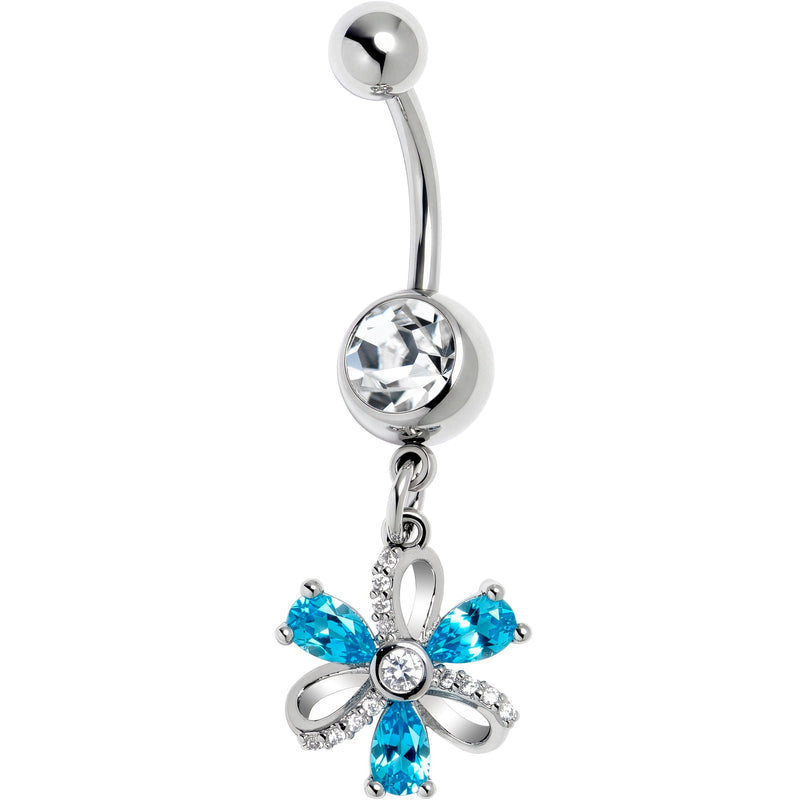 Clear Blue CZ Gem Bling Flower Glam Dangle Belly Ring